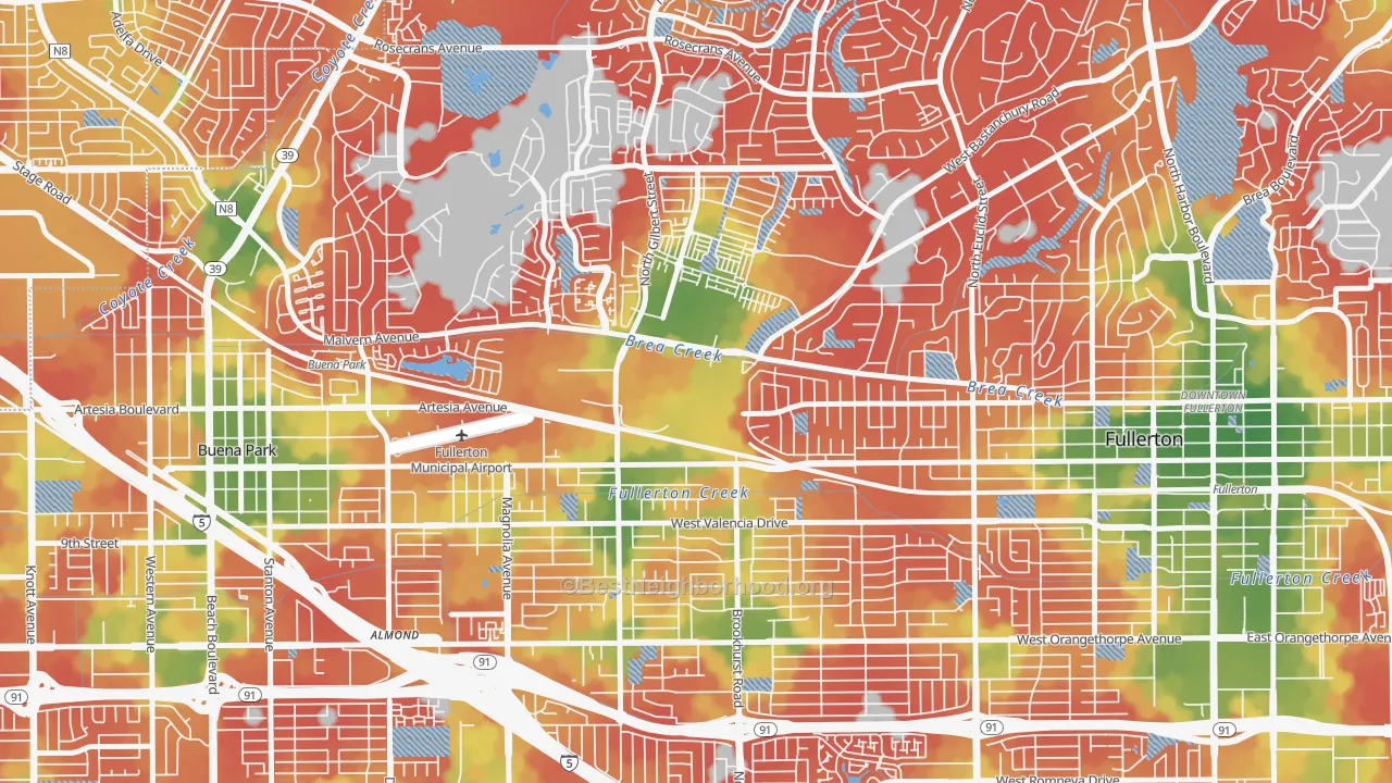 Walk Grade map of 92833, CA, walkable areas in green and car-dependent areas in red