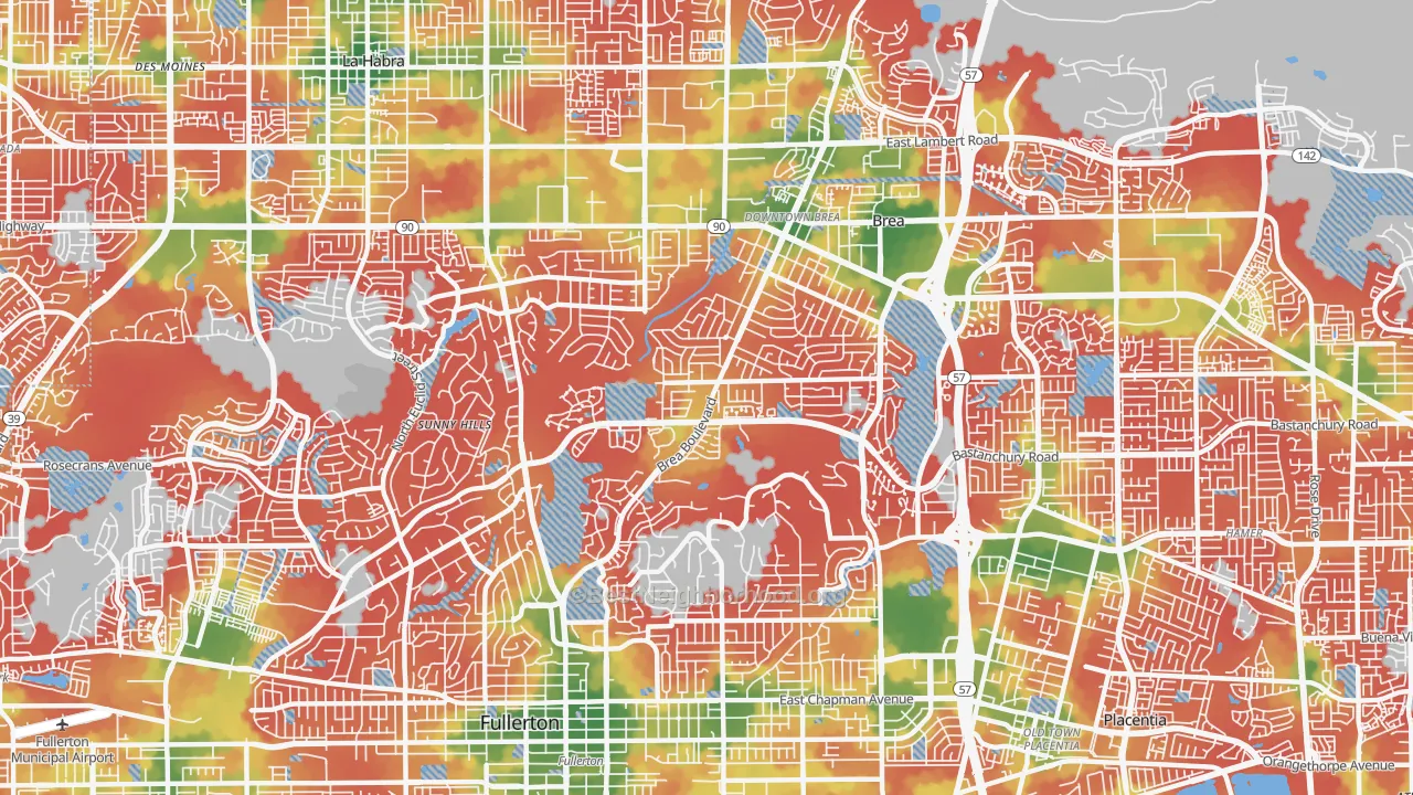 Walk Grade map of 92835, CA, walkable areas in green and car-dependent areas in red