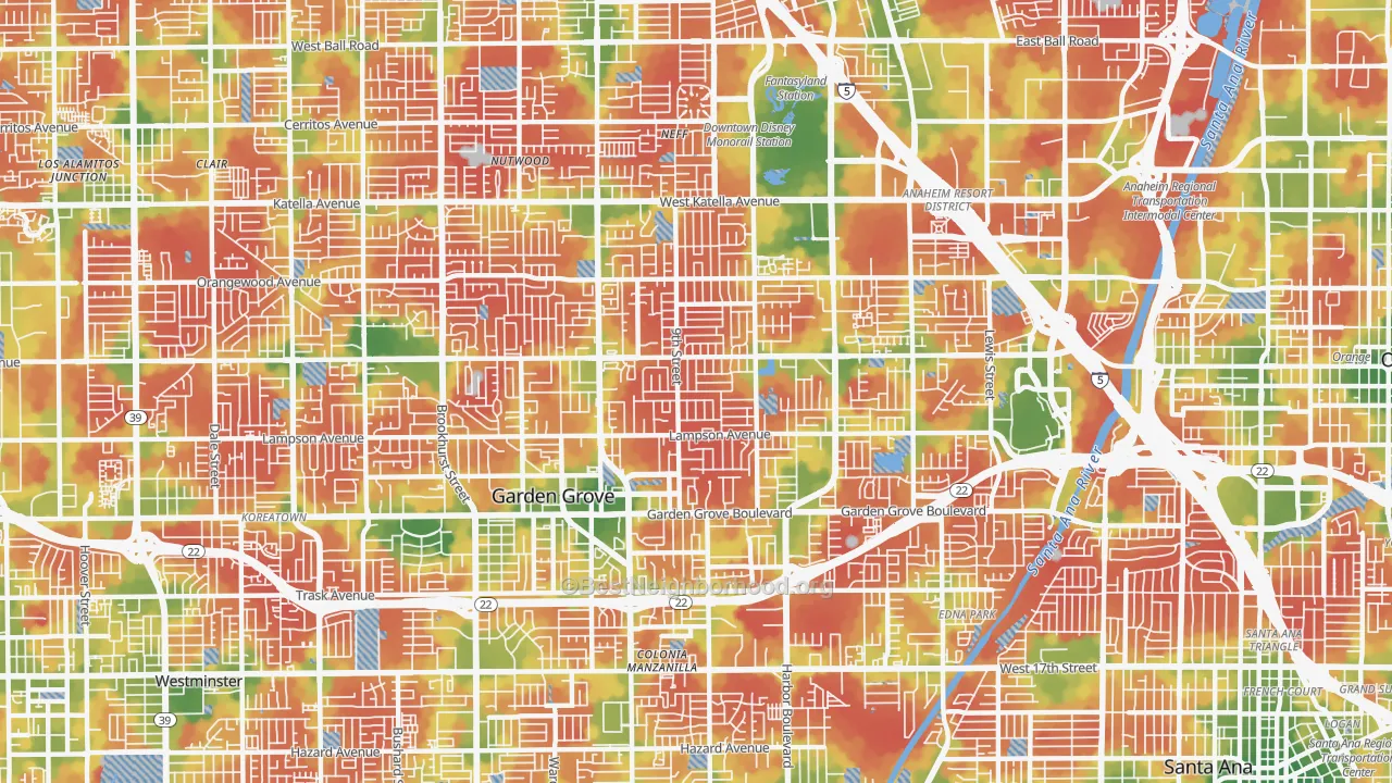 Walk Grade map of 92840, CA, walkable areas in green and car-dependent areas in red