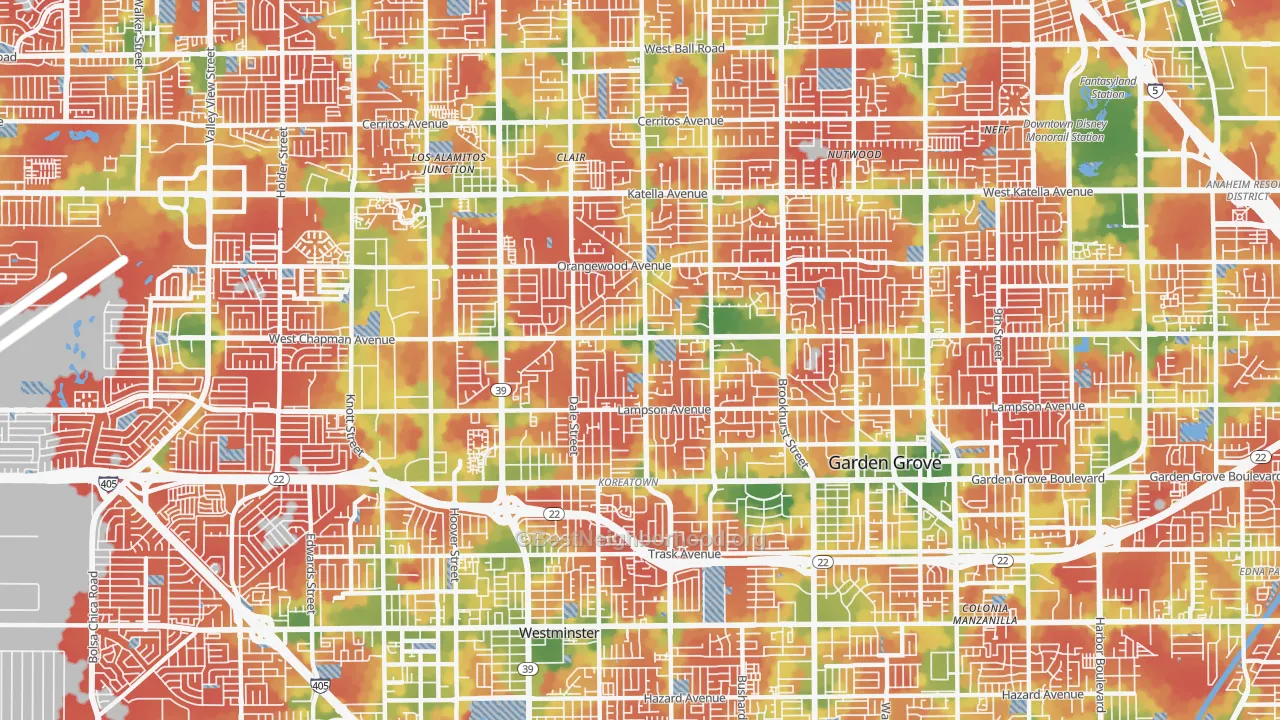 Walk Grade map of 92841, CA, walkable areas in green and car-dependent areas in red