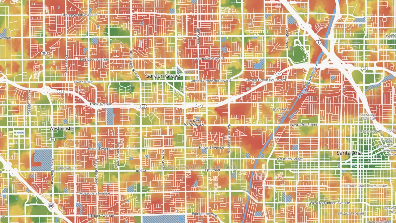 Walk Grade map of 92843, CA, walkable areas in green and car-dependent areas in red