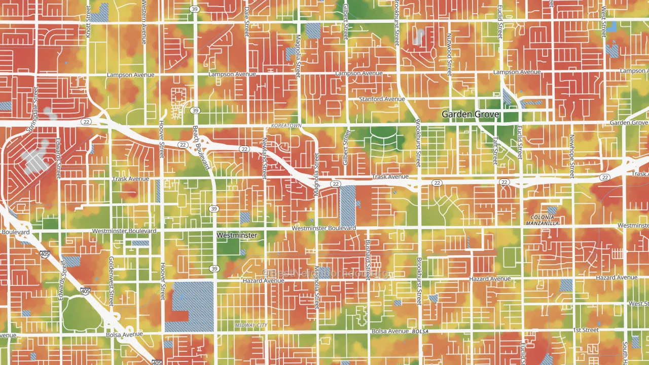 Walk Grade map of 92844, CA, walkable areas in green and car-dependent areas in red