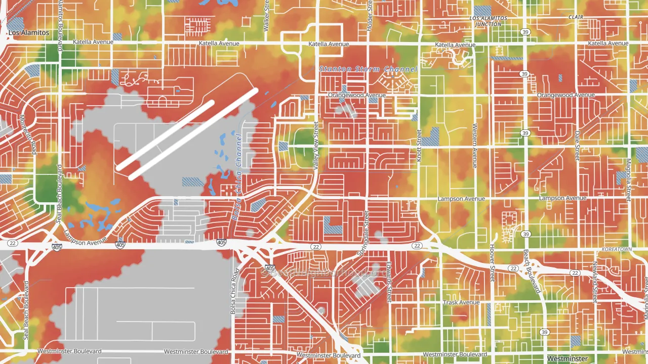 Walk Grade map of 92845, CA, walkable areas in green and car-dependent areas in red