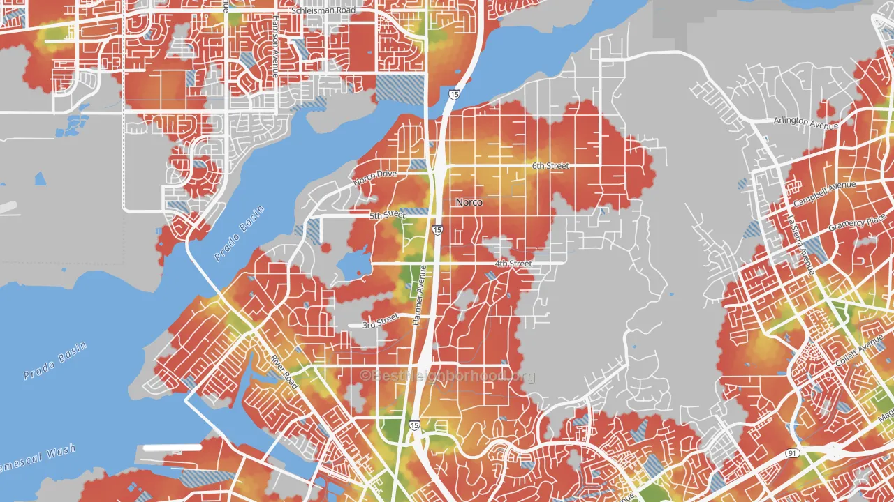 Walk Grade map of 92860, CA, walkable areas in green and car-dependent areas in red