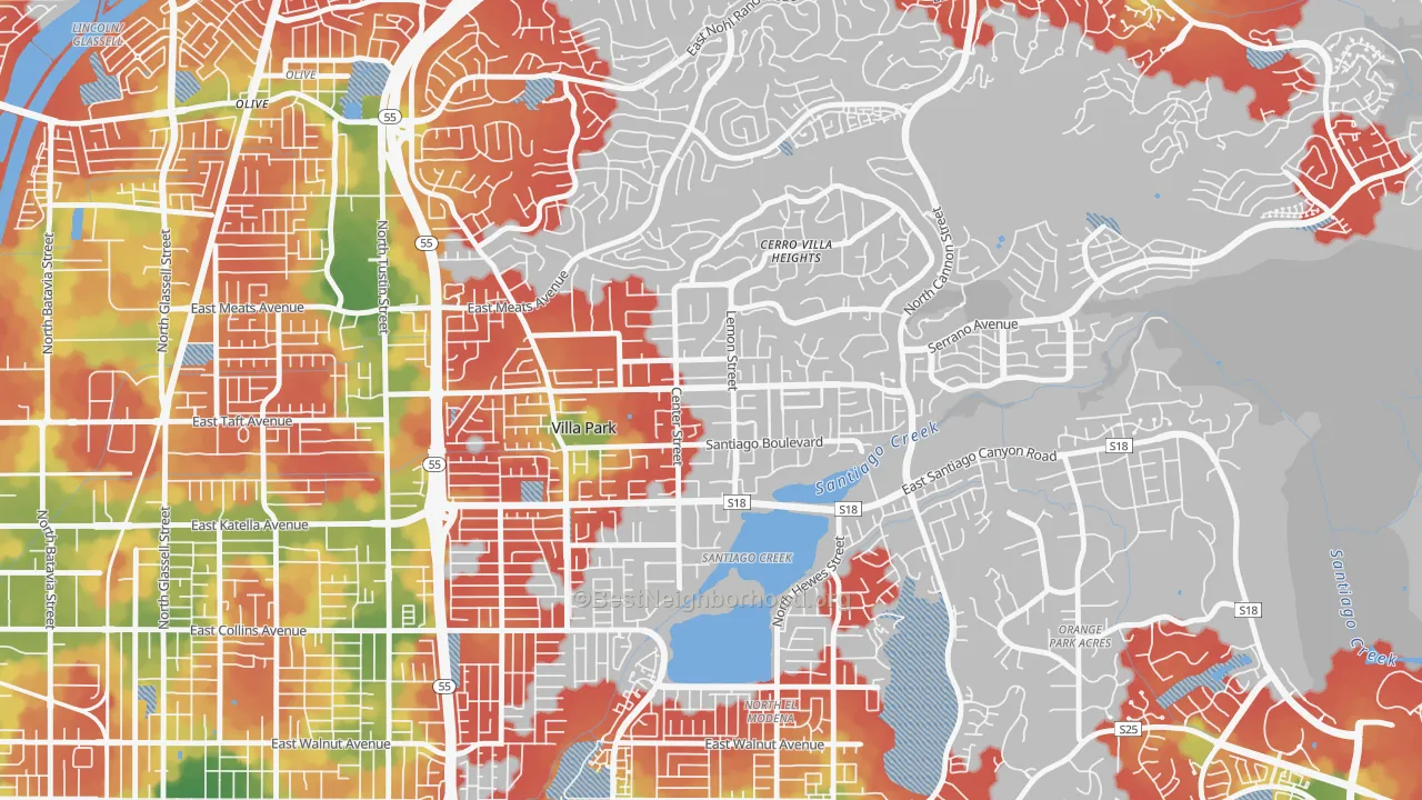 Walk Grade map of 92861, CA, walkable areas in green and car-dependent areas in red