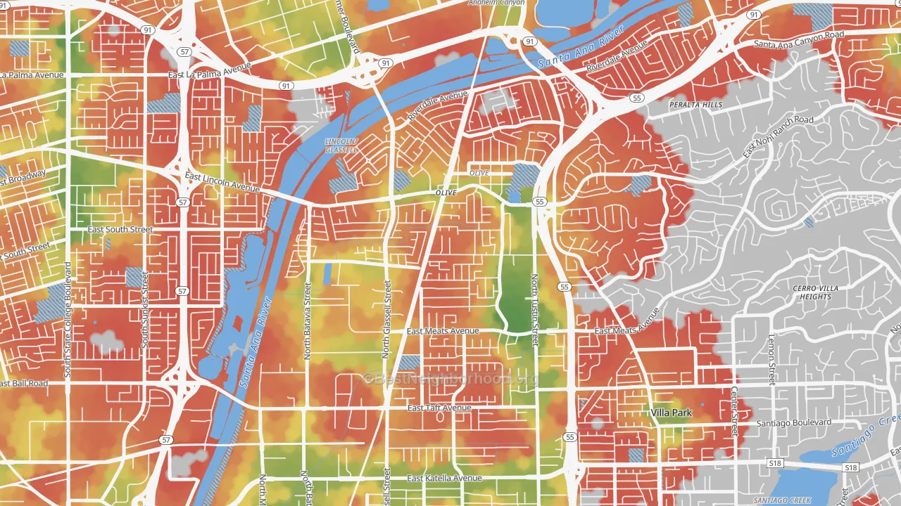 Walk Grade map of 92865, CA, walkable areas in green and car-dependent areas in red