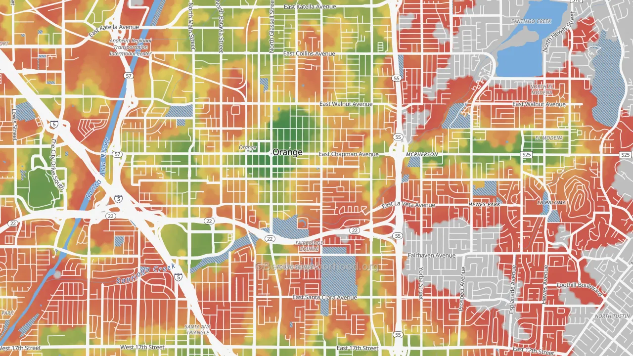 Walk Grade map of 92866, CA, walkable areas in green and car-dependent areas in red