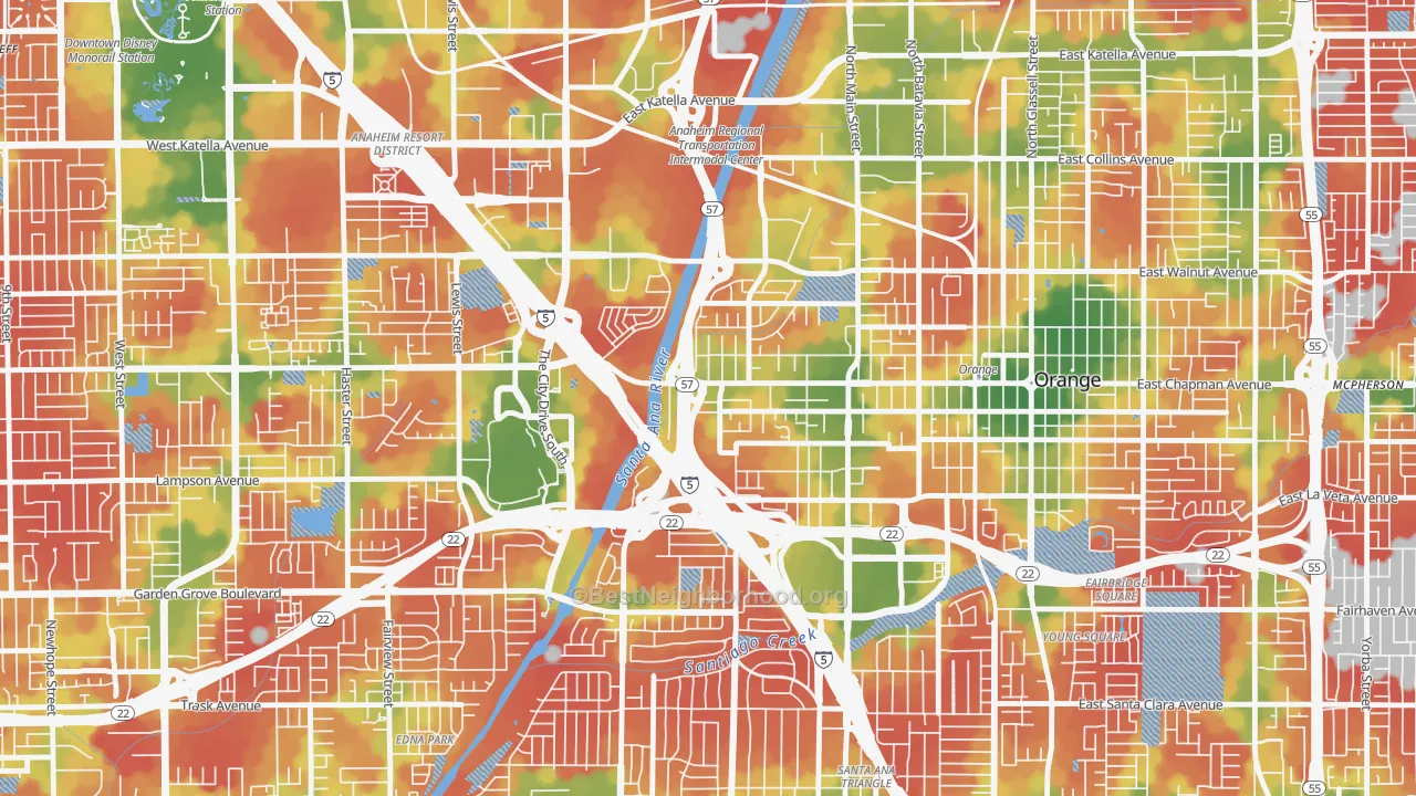 Walk Grade map of 92868, CA, walkable areas in green and car-dependent areas in red