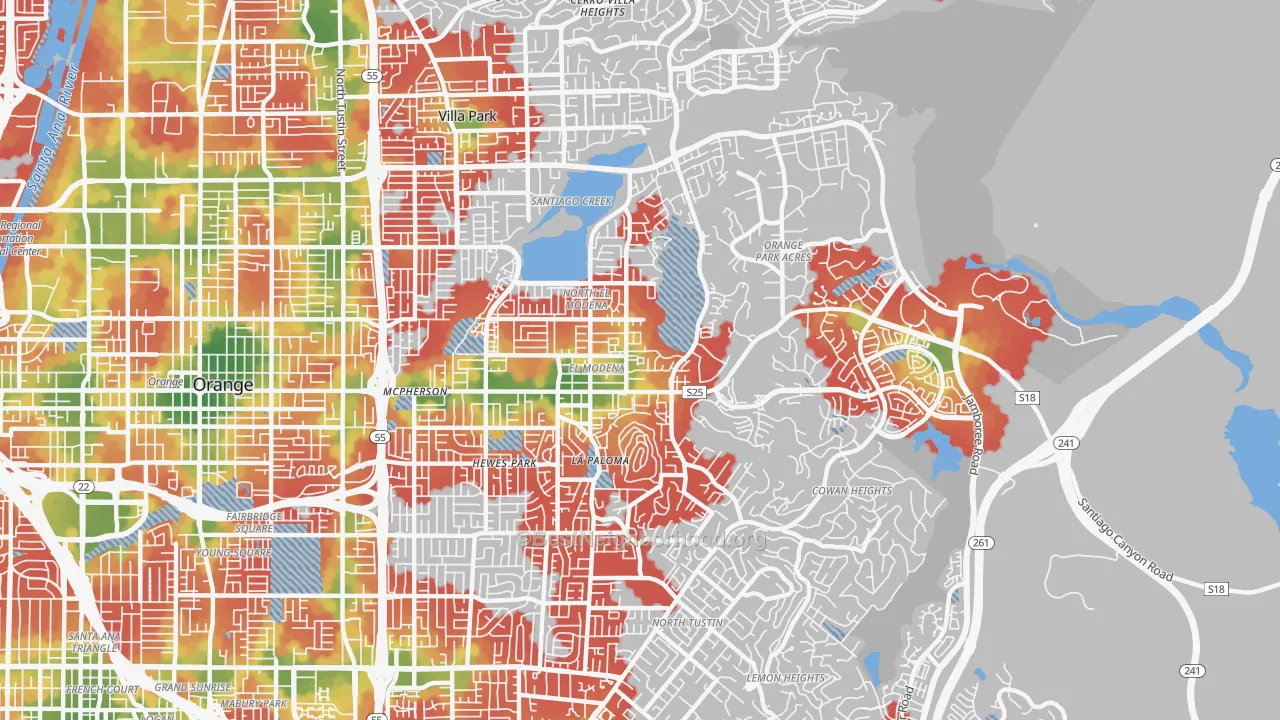 Walk Grade map of 92869, CA, walkable areas in green and car-dependent areas in red