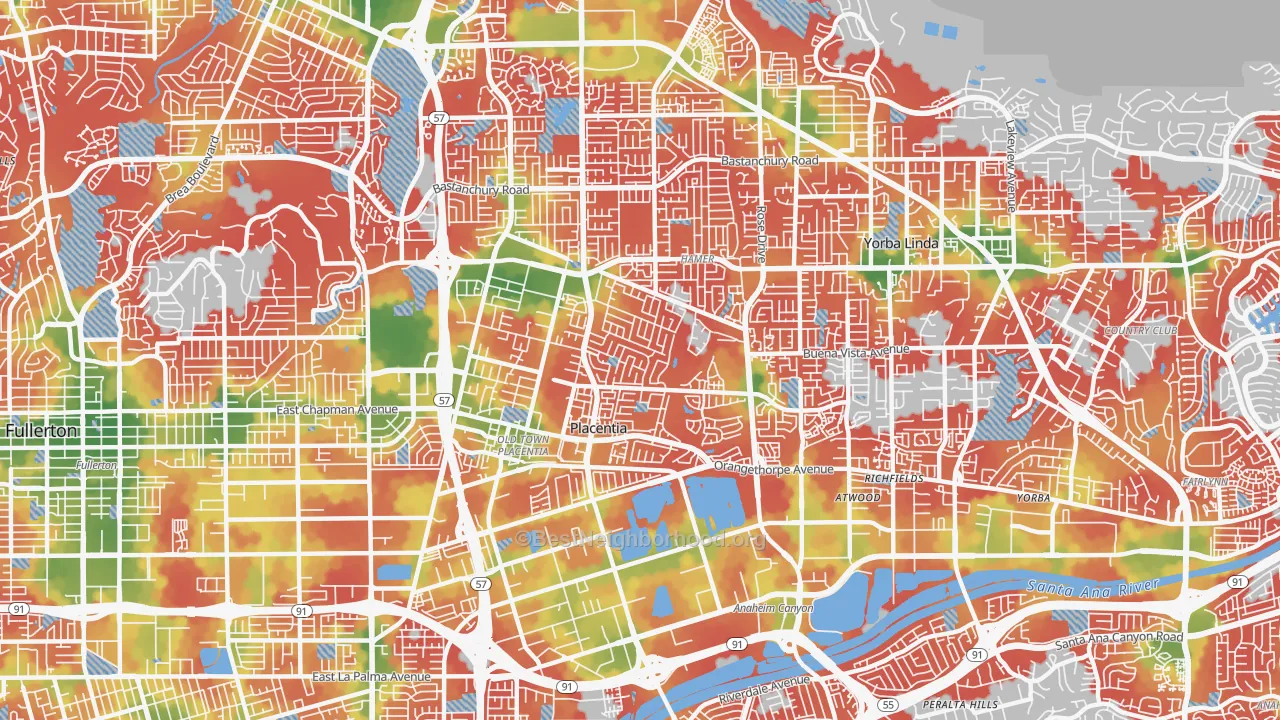 Walk Grade map of 92870, CA, walkable areas in green and car-dependent areas in red