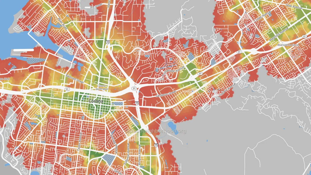 Walk Grade map of 92879, CA, walkable areas in green and car-dependent areas in red