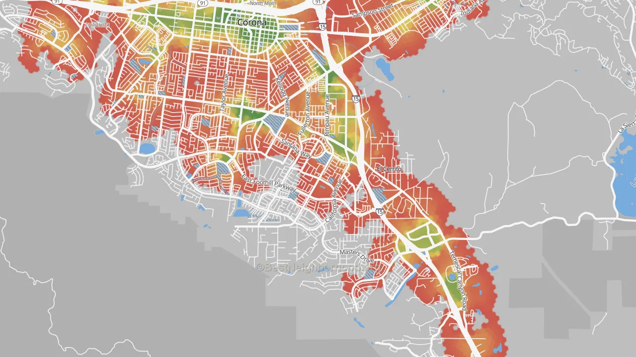 Walk Grade map of 92881, CA, walkable areas in green and car-dependent areas in red