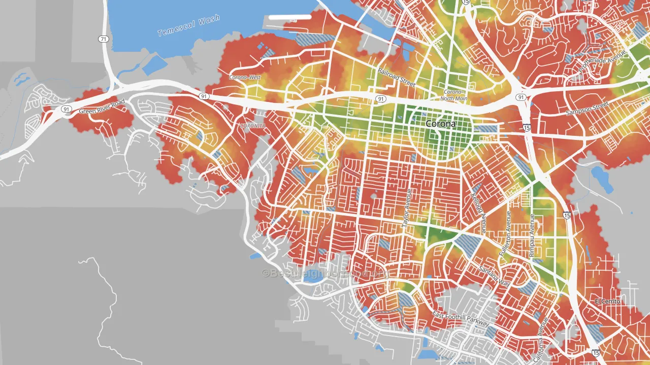 Walk Grade map of 92882, CA, walkable areas in green and car-dependent areas in red