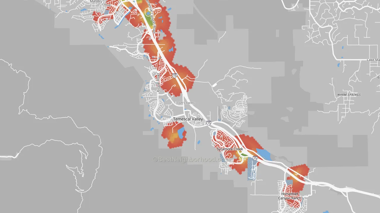 Walk Grade map of 92883, CA, walkable areas in green and car-dependent areas in red