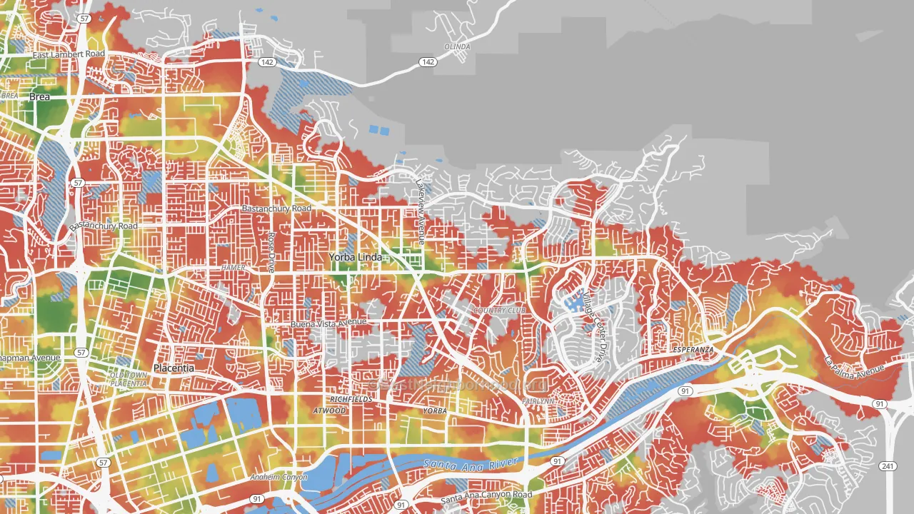 Walk Grade map of 92886, CA, walkable areas in green and car-dependent areas in red