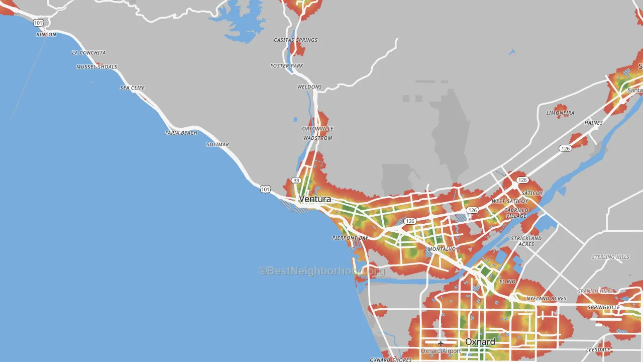 Walk Grade map of 93001, CA, walkable areas in green and car-dependent areas in red