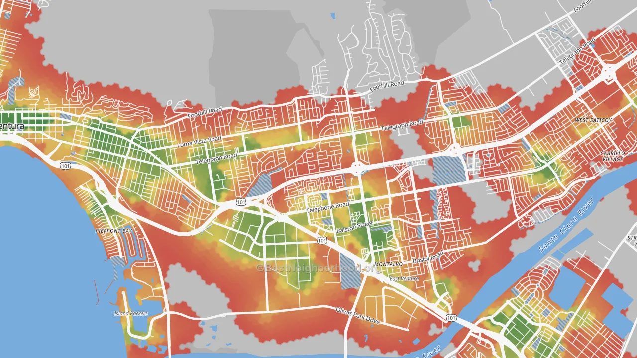 Walk Grade map of 93003, CA, walkable areas in green and car-dependent areas in red