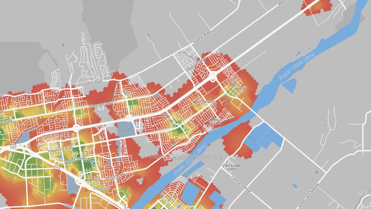 Walk Grade map of 93004, CA, walkable areas in green and car-dependent areas in red