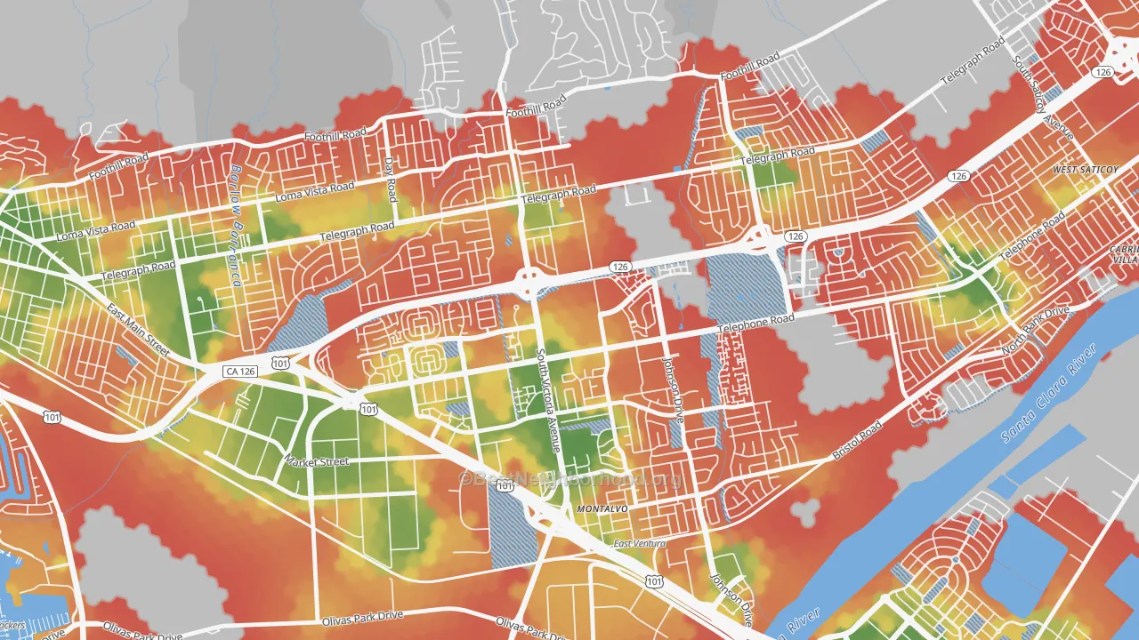 Walk Grade map of 93009, CA, walkable areas in green and car-dependent areas in red
