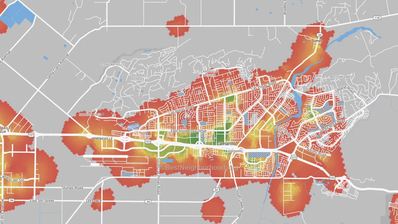 Walk Grade map of 93010, CA, walkable areas in green and car-dependent areas in red