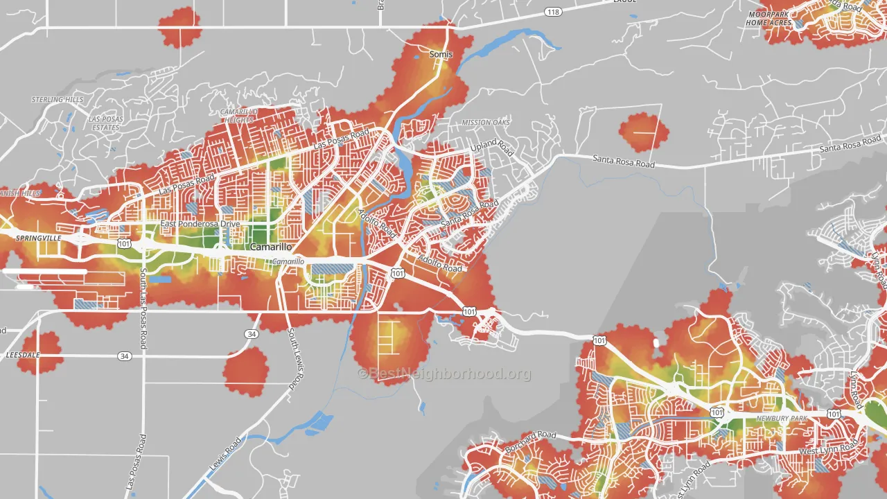 Walk Grade map of 93012, CA, walkable areas in green and car-dependent areas in red