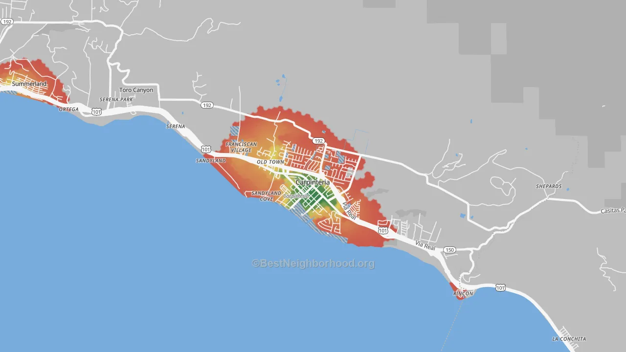 Walk Grade map of 93013, CA, walkable areas in green and car-dependent areas in red