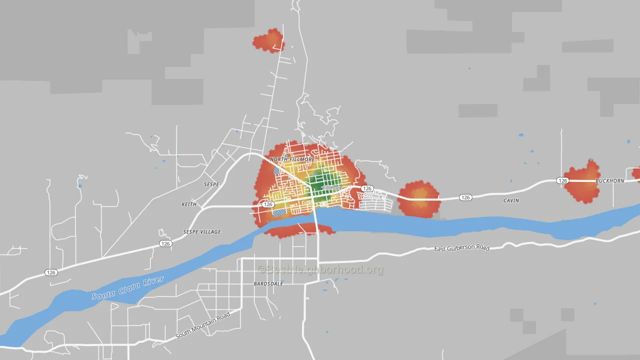 Walk Grade map of 93015, CA, walkable areas in green and car-dependent areas in red
