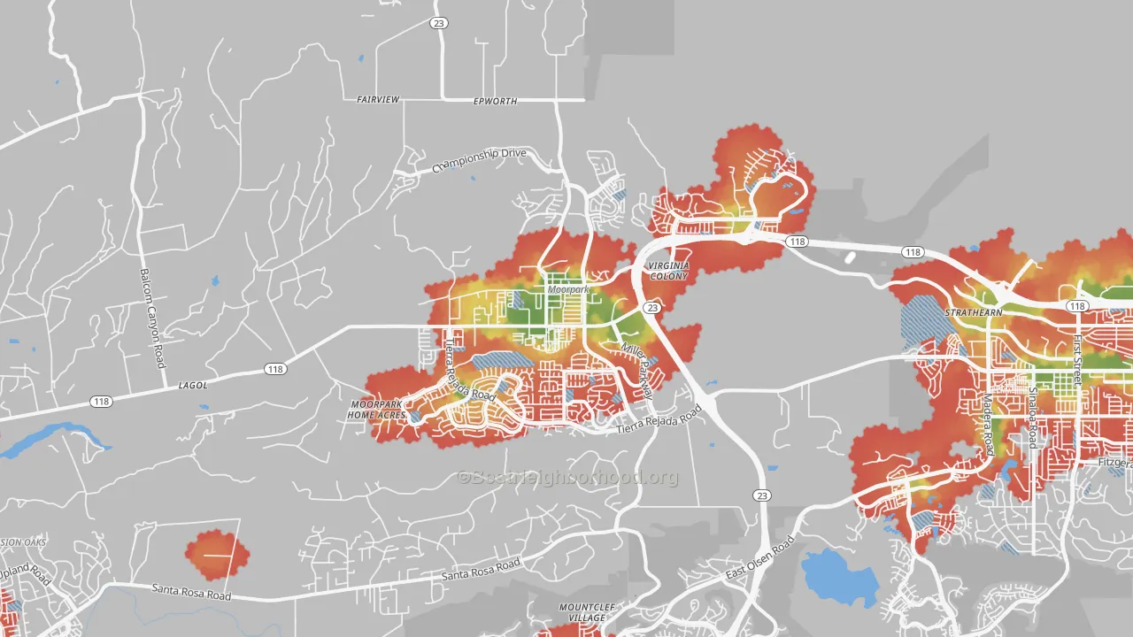 Walk Grade map of 93021, CA, walkable areas in green and car-dependent areas in red