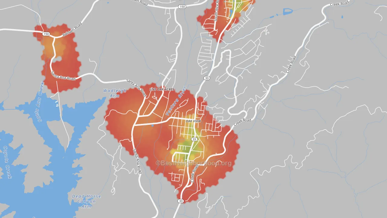Walk Grade map of 93022, CA, walkable areas in green and car-dependent areas in red
