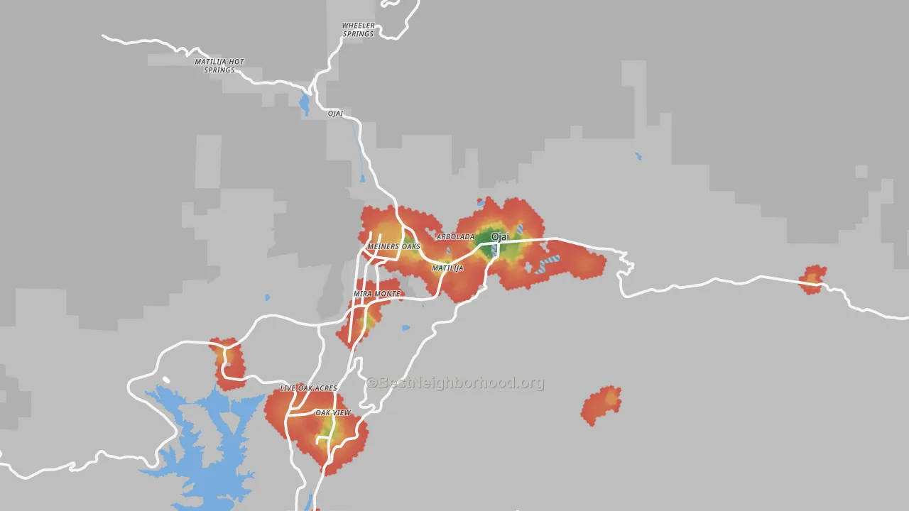 Walk Grade map of 93023, CA, walkable areas in green and car-dependent areas in red