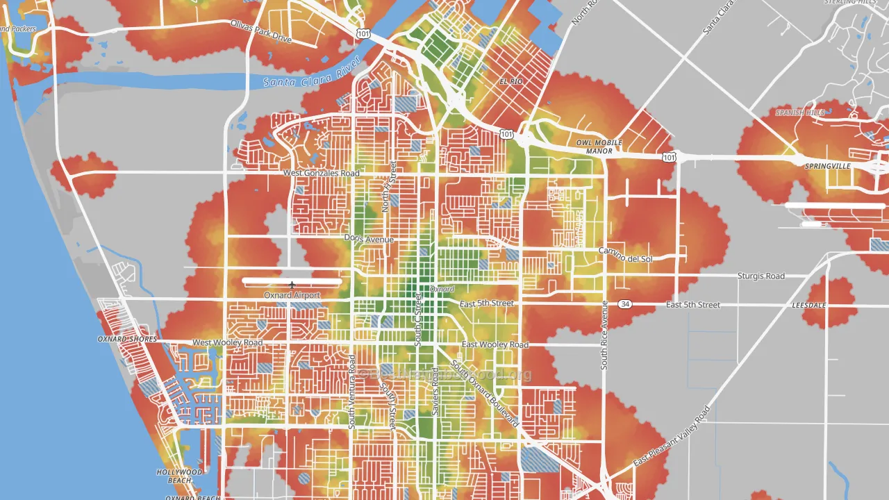 Walk Grade map of 93030, CA, walkable areas in green and car-dependent areas in red