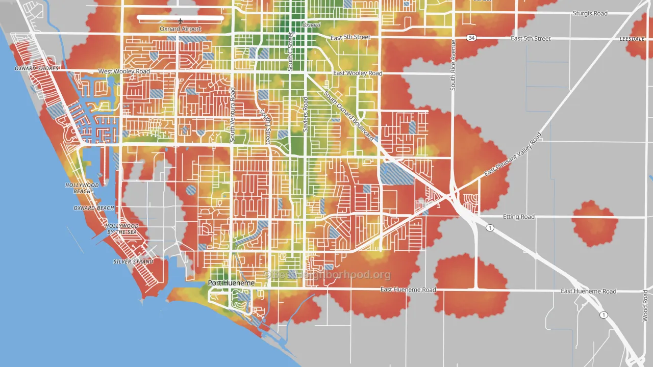 Walk Grade map of 93033, CA, walkable areas in green and car-dependent areas in red