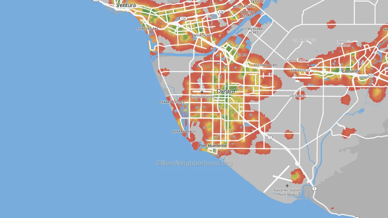 Walk Grade map of 93035, CA, walkable areas in green and car-dependent areas in red