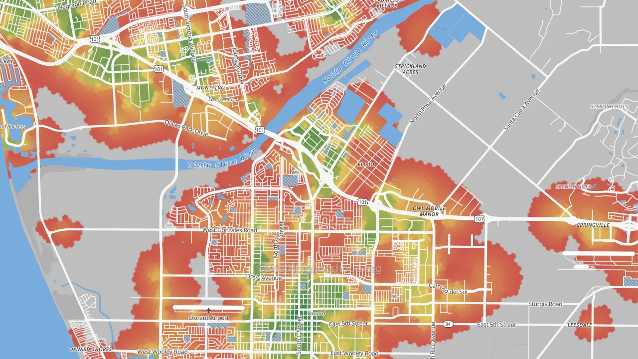 Walk Grade map of 93036, CA, walkable areas in green and car-dependent areas in red
