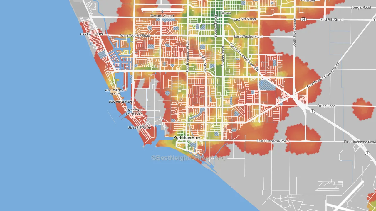 Walk Grade map of 93041, CA, walkable areas in green and car-dependent areas in red