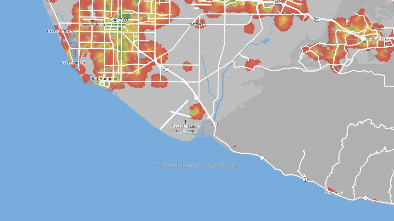 Walk Grade map of 93042, CA, walkable areas in green and car-dependent areas in red