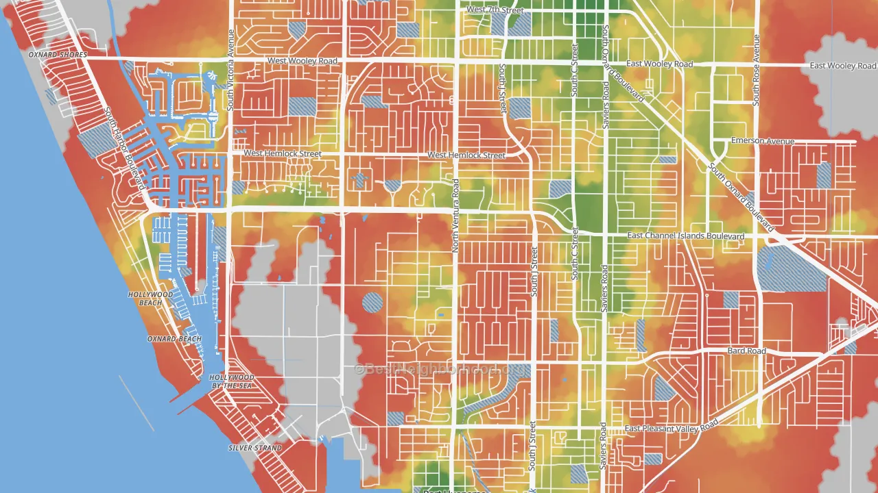 Walk Grade map of 93043, CA, walkable areas in green and car-dependent areas in red