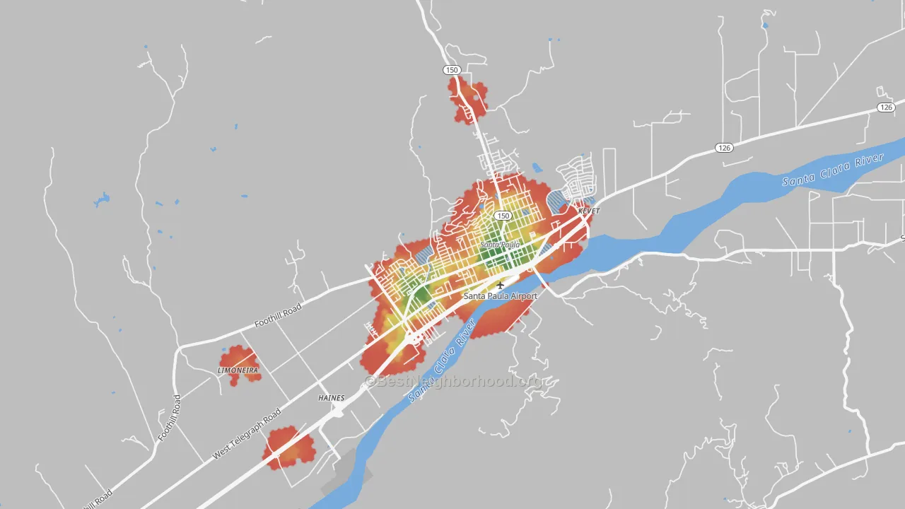 Walk Grade map of 93060, CA, walkable areas in green and car-dependent areas in red