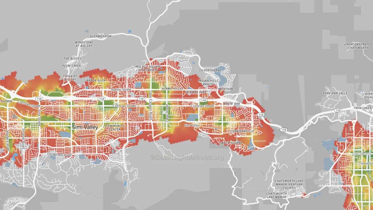 Walk Grade map of 93063, CA, walkable areas in green and car-dependent areas in red