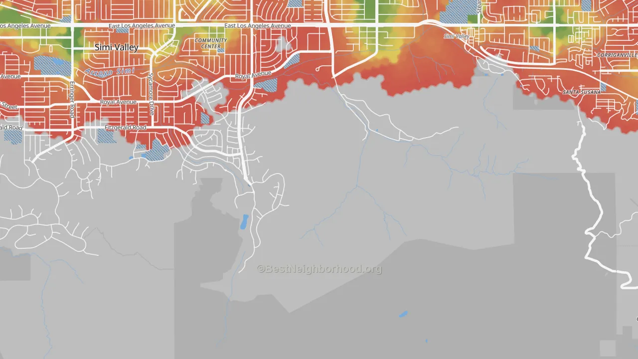 Walk Grade map of 93064, CA, walkable areas in green and car-dependent areas in red