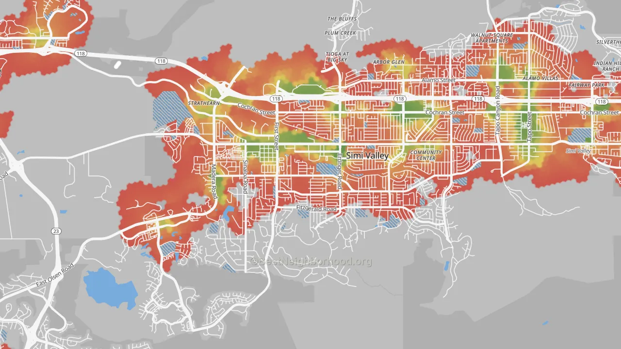Walk Grade map of 93065, CA, walkable areas in green and car-dependent areas in red