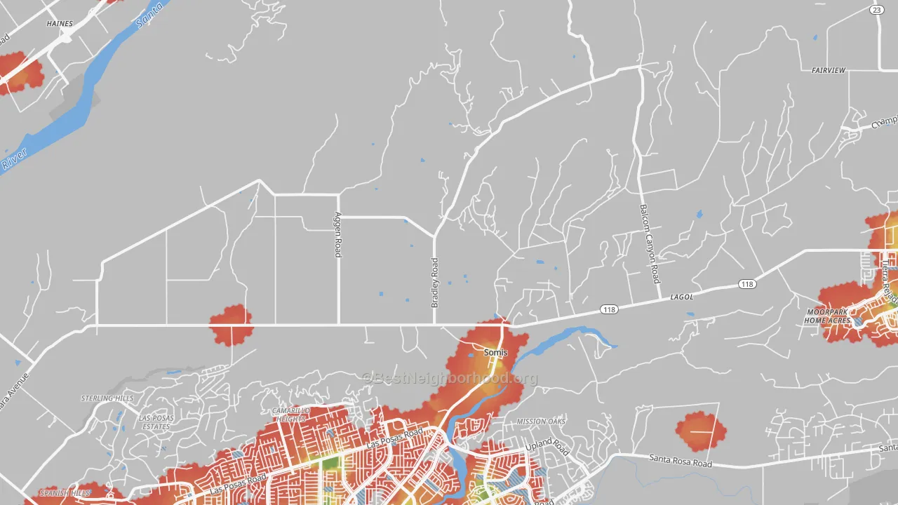 Walk Grade map of 93066, CA, walkable areas in green and car-dependent areas in red