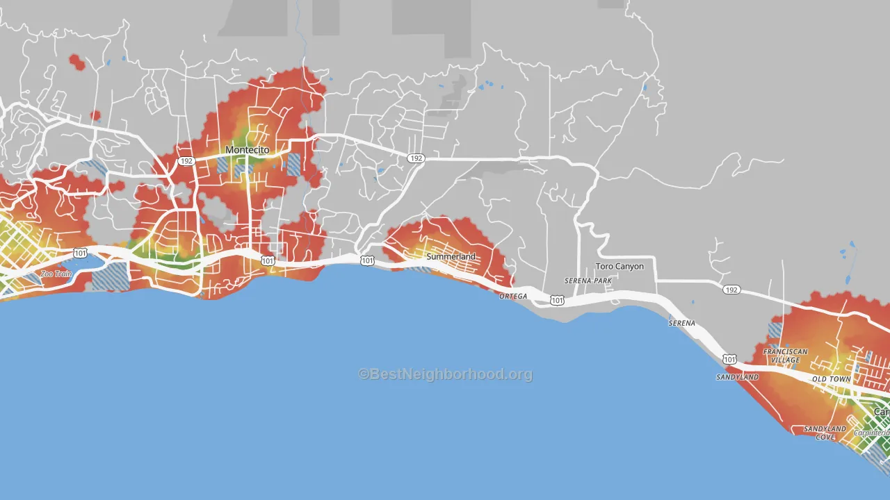 Walk Grade map of 93067, CA, walkable areas in green and car-dependent areas in red