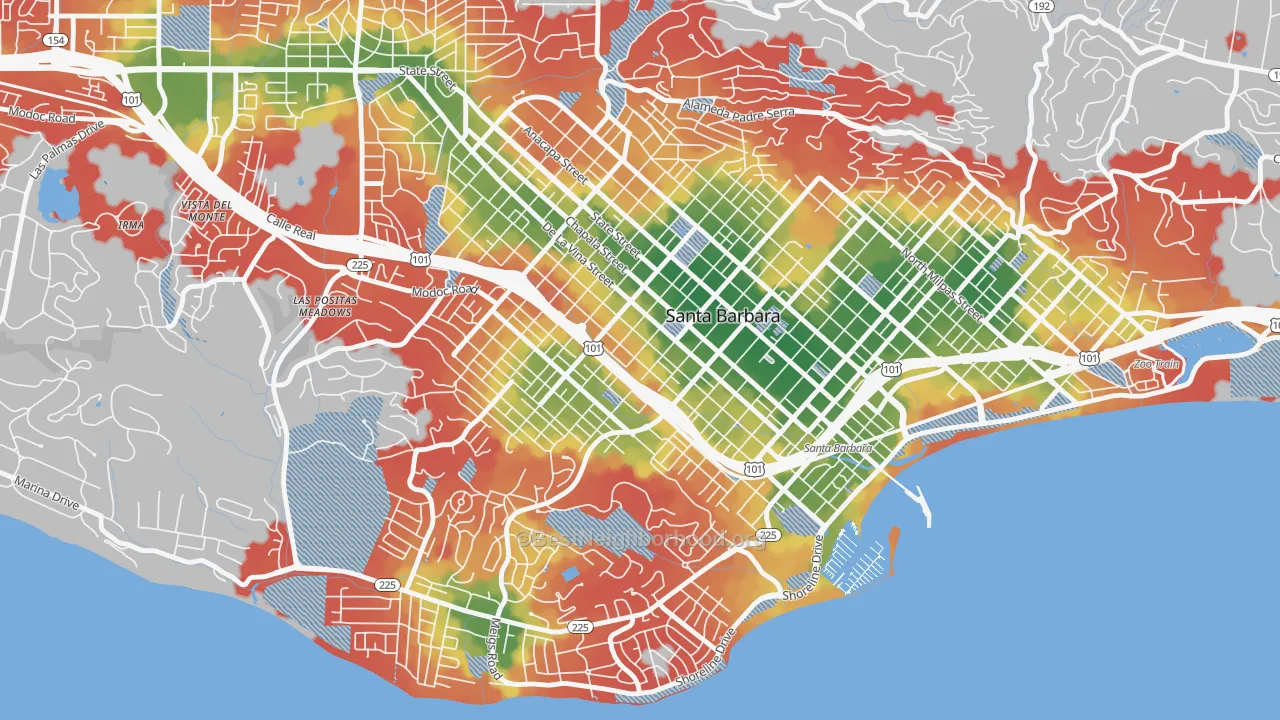 Walk Grade map of 93101, CA, walkable areas in green and car-dependent areas in red