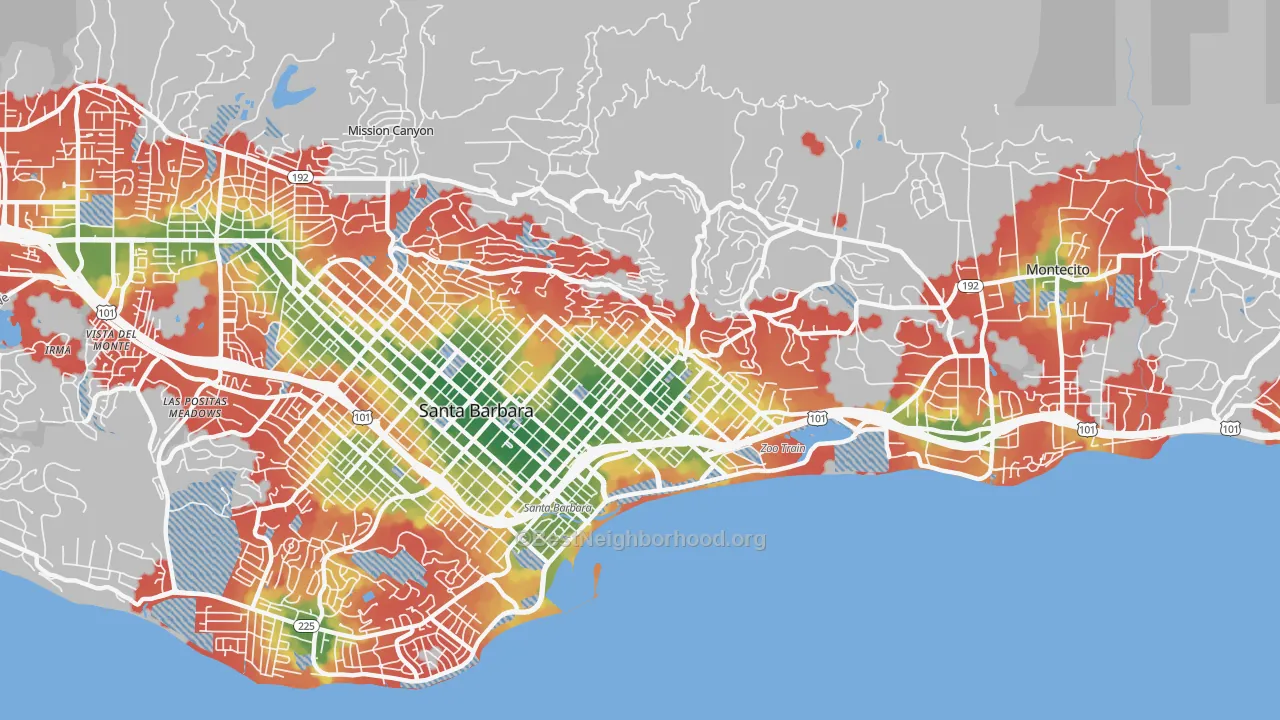 Walk Grade map of 93103, CA, walkable areas in green and car-dependent areas in red