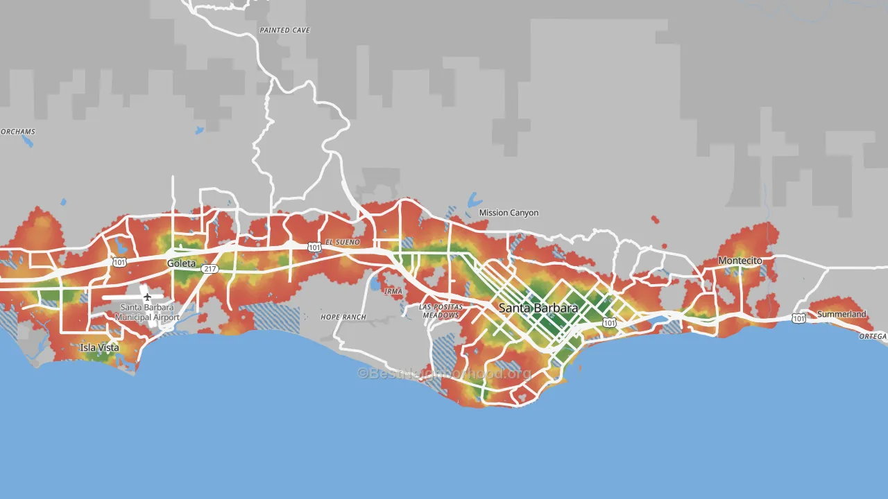 Walk Grade map of 93105, CA, walkable areas in green and car-dependent areas in red