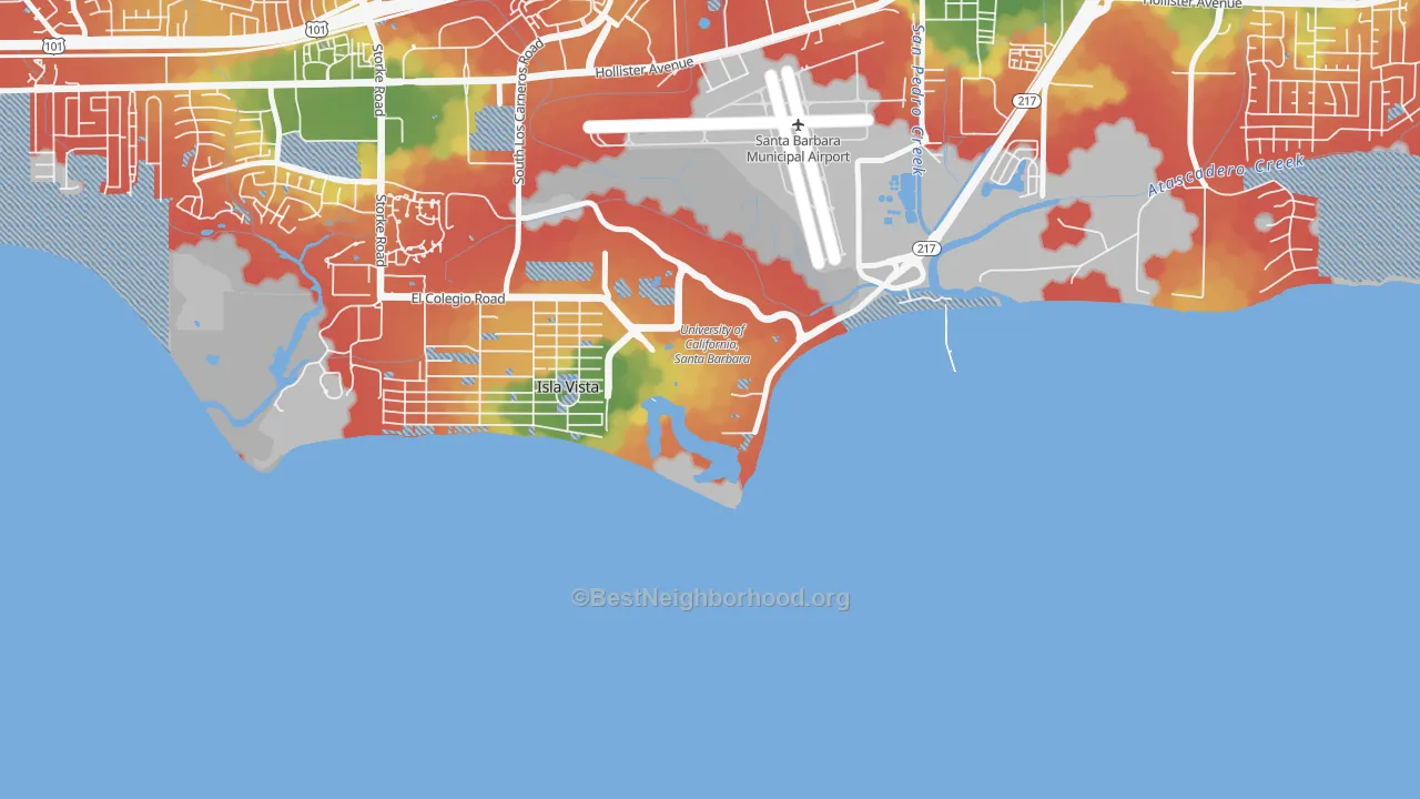 Walk Grade map of 93106, CA, walkable areas in green and car-dependent areas in red