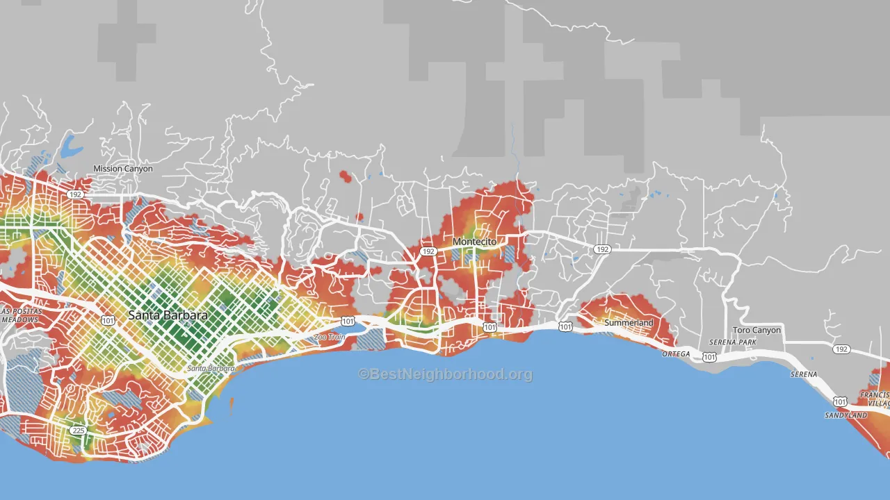 Walk Grade map of 93108, CA, walkable areas in green and car-dependent areas in red
