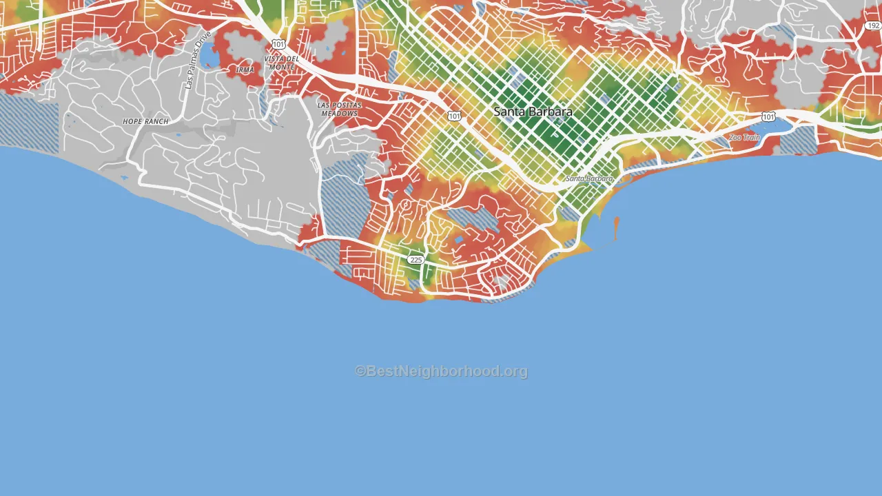 Walk Grade map of 93109, CA, walkable areas in green and car-dependent areas in red