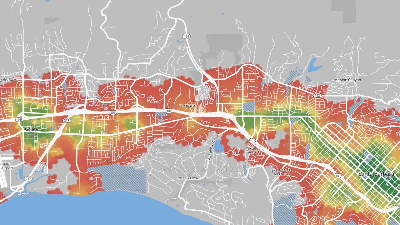 Walk Grade map of 93110, CA, walkable areas in green and car-dependent areas in red